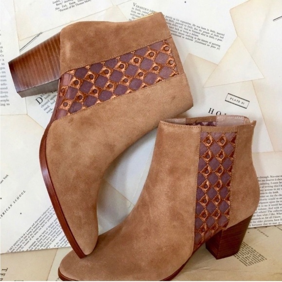 Anthropologie Camel Suede Sheer Side Ankle Boots - Picture 3 of 9